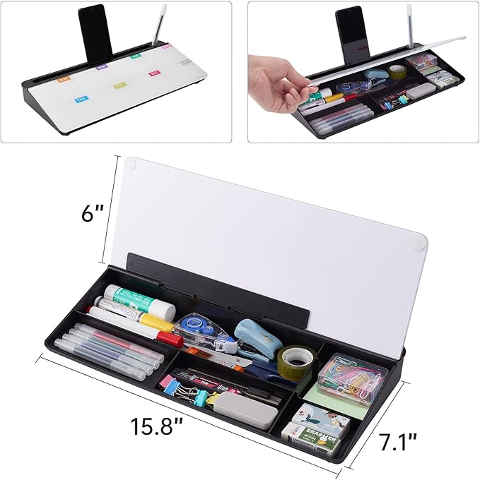 TSJ OFFICE Whiteboard Weekly Dry-Erase-Board - Desktop White Board Calendar Desk Organizers with Accessories Computer Keyboard Stand with Drawer, for Office, Home, School Supplies - Black Calendar