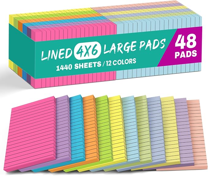 Lined Sticky Notes, 48 Pads, 4x6 Inches, Large Sticky Notes with Lines, Memo Note Pads in Multi Colors, 30 Sheets/Pad, Super Sticking Power for Office ＆ Home & Planning - Bright