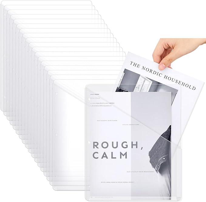 Seajan 48 Pcs Pocket Folders for 3 Ring Binder Clear Plastic Folders Sleeves with 2 Pockets 3 Hole Punch Binder Dividers Poly Slash File Jackets for Office School Document Organizer (White)