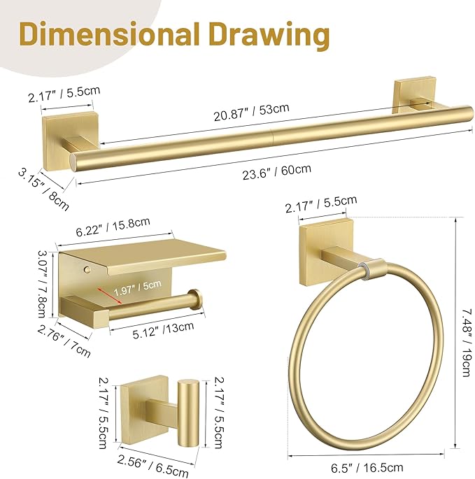 5 Pieces Brushed Gold Bathroom Hardware Set, SUS304 Stainless Steel Bathroom Accessories Set 23.6 inches Towel Bar, Toilet Paper Holder with Shelf, Towel Ring and Two Towel Hooks Wall-Mounted
