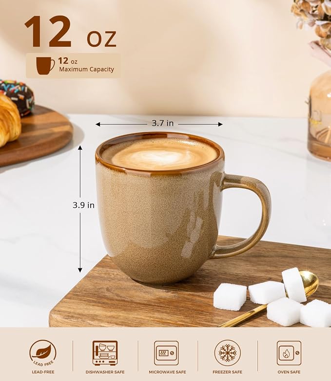 LERATIO Ceramic Coffee Mugs Set of 6,12oz Handmade Coffee Mugs Set | Large Handle for Cappuccino/Latte/Tea/Hot Cocoa,Oven &Dishwasher & Microwave Safe-Chestnut