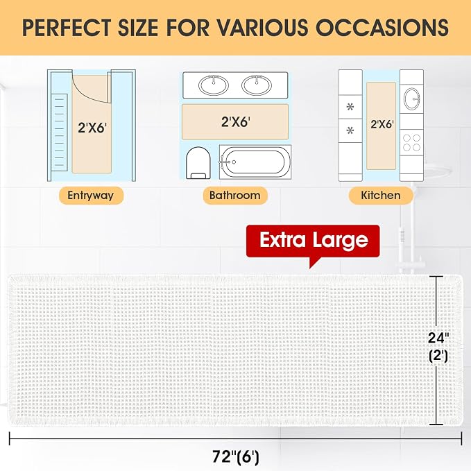 Extra Large Waffle Bath Mat White 6'x2'(72" x 24"), Boho Woven Modern Bath Mat Rugs, Absorbent Non Slip Bathroom Rugs, Soft Washable Bath Rugs with Tassels for Bathroom, Bedroom, Kitchen, Shower, Tub