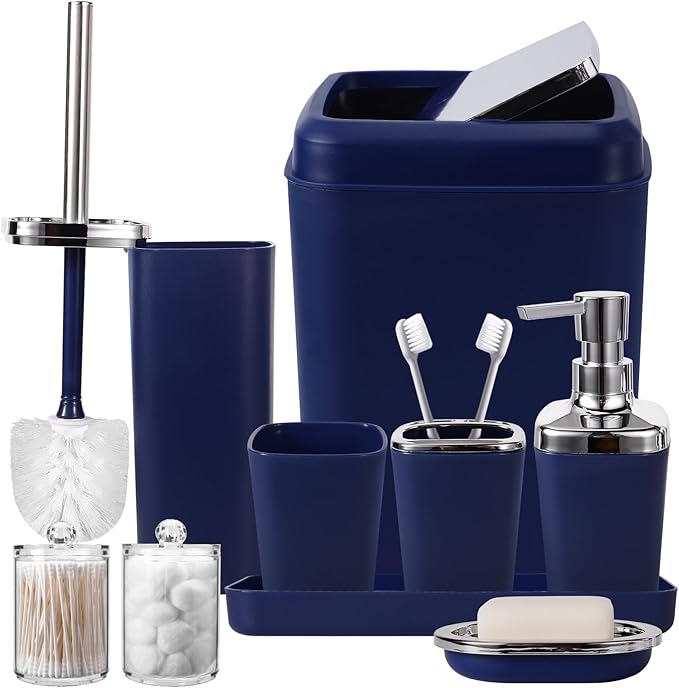 XLHOMO Bathroom Set, 9PC Bathroom Accessory Set, Blue Bathroom Accessories, Blue Bathroom Set, Trash Can, Soap Dispenser for Home Decor