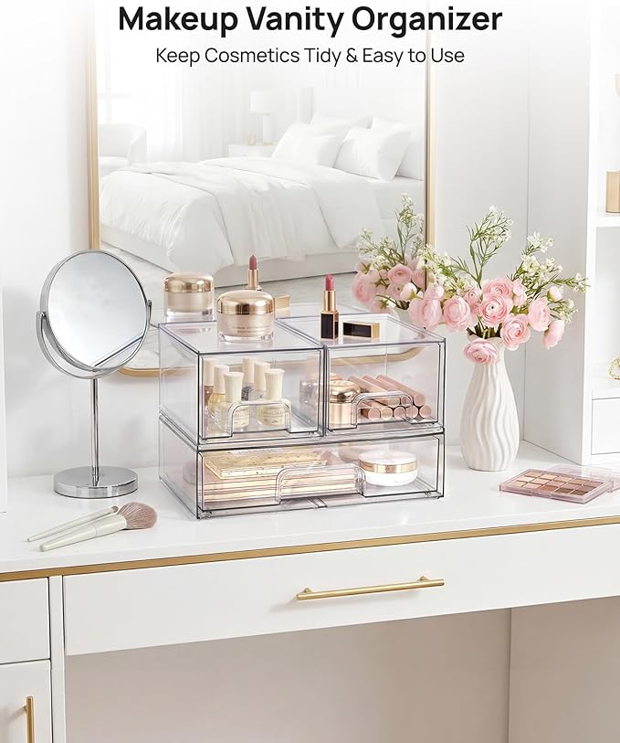Vtopmart Stackable Storage Drawers Set of 4, Clear Plastic Organizer Bins for Bathroom Supplies,Ideal for Cabinet,Pantry,Laundry Room Organization