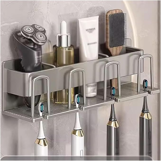 Toothbrush Rack Space Aluminum Toothbrush Holder Cream White Toothpaste Holder Bathroom Accessories Storage Box with Four Mouthwash Cups Bathroom Toothbrush Holder