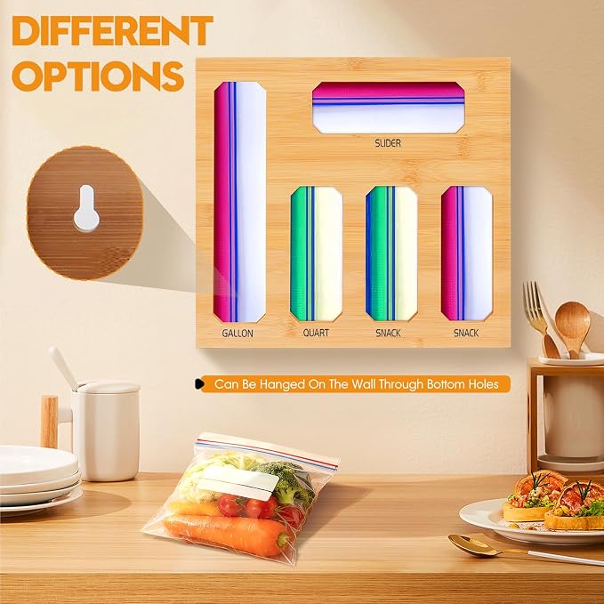 Bamboo Ziplock Bag Organizer for Kitchen Drawer, Food Storage Baggie Holder with 24 Label Stickers, Fits Gallon Quart Sandwich Snack Freezer & Slider Bags, No Assembly, Wall Mount or Drawer