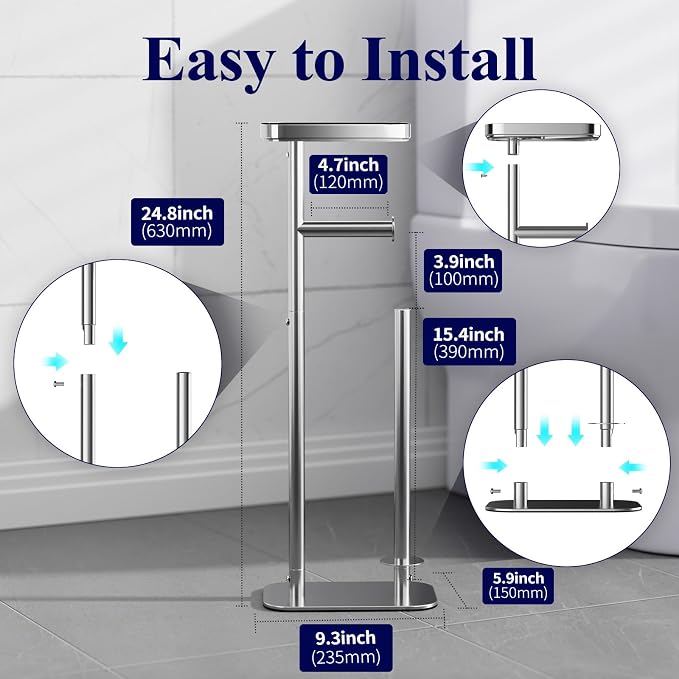 Kitsure Toilet Paper Holder Free Standing – Rustproof Metal Toilet Paper Stand for 4 Rolls with Anti-Slip Base and Shelf for Phone & Small Items, Bathroom Organizers and Storage, Medium, Chrome Silver