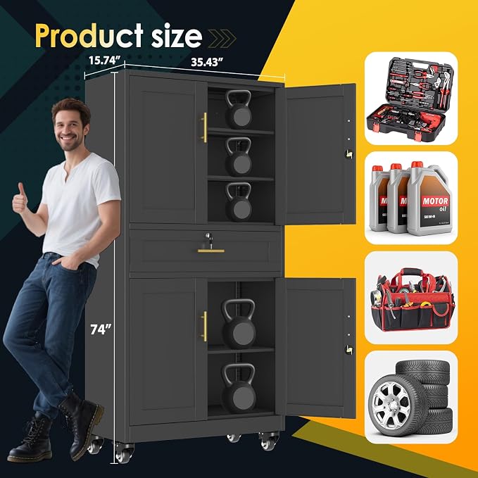PAOFIN Metal Tall Storage Cabinet with Drawer, Garage Storage Cabinet | with Locking Doors and 3 Adjustable Shelves, 74" H Steel Cabinets for Garage, Home, Office, Black, Assembly Required