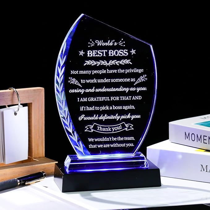 Movdyka Boss Gifts for Women Men Bosses Appreciation Gifts for Woman, Crystal Plaque with Colorful Light Base, Boss's Day Gifts Farewell Retirement Goodbye Birthday Office Decor