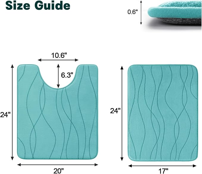YIHOUSE Bathroom Rugs Set 2 Piece, Memory Foam Bath Mat Teal | U Shaped+Small Mat, Ultra Soft, Absorbent, Non-Slip, Machine Washable, for Bathroom, Sink and Toilet