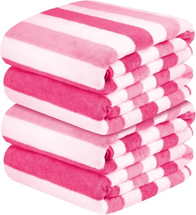 JML Microfiber Bath Towels Set of 4, 30" x 60", Cabana Stripe Pink | Hanging Loop, Lint Free, Oversized, Soft, Super Absorbent,Fast Drying, Perfect for Shower, Sauna, Gym, Sports, Fitness, Yoga