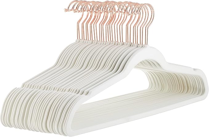 Amazon Basics Slim Velvet Non-Slip Space Saving Suit Clothes Hangers, Closet Organizer, Ivory/Rose Gold, 30-Pack