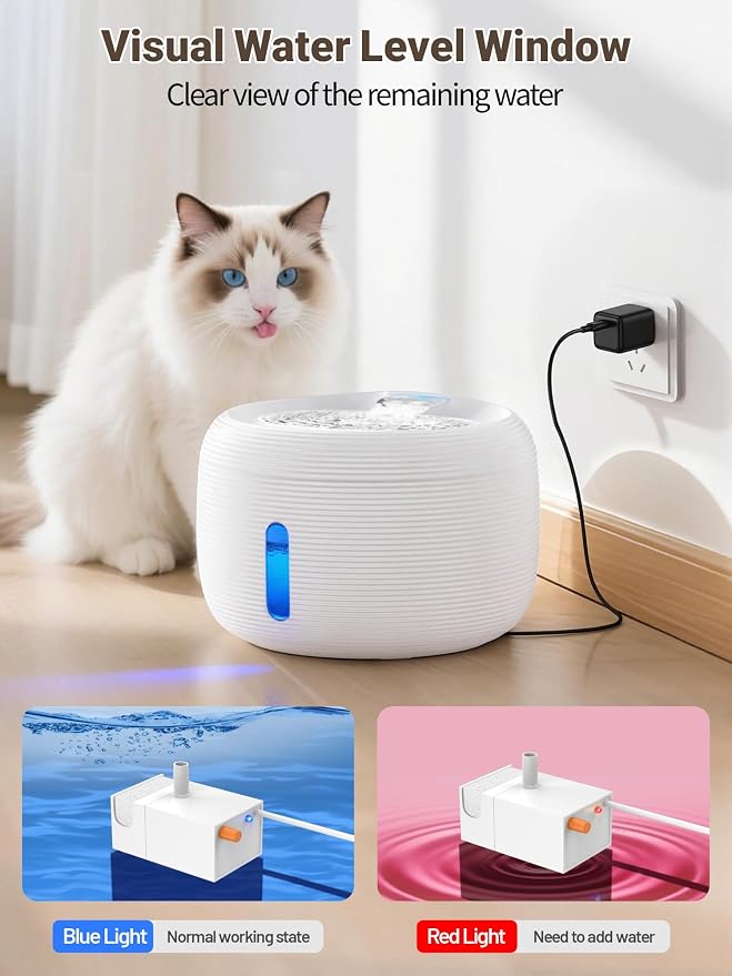 SIBAYS 3.5L Cat Water Fountain, 118oz Large Capacity Pet Water Fountain for Cats Indoor, Automatic Quiet Cat Fountains for Drinking, Dog Water Bowl Dispenser with Visible Window& LED Light(FS77,White)