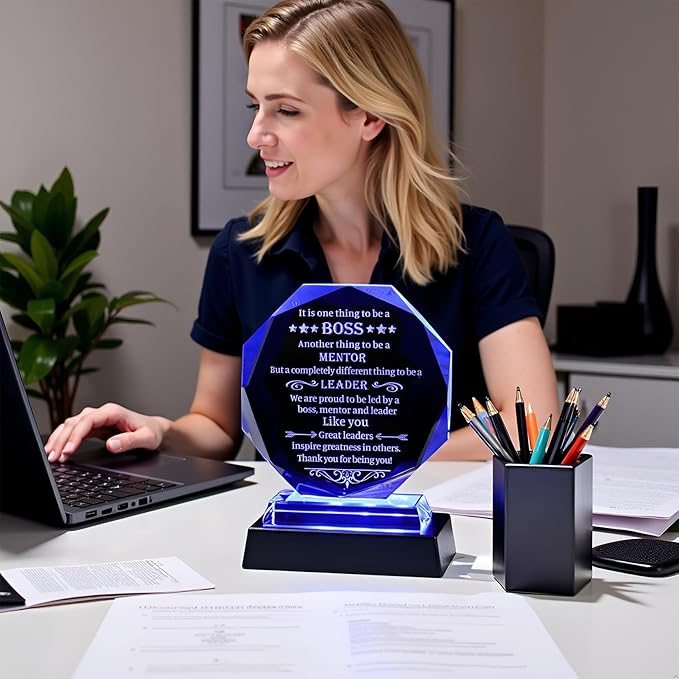 Movdyka Best Boss Gifts for Women Men Crystal Plaque Keepsakes with LED Base Boss's Day for Boss Going Away Appreciation Leaving Office Farewell for Bosses Male Him Retirement