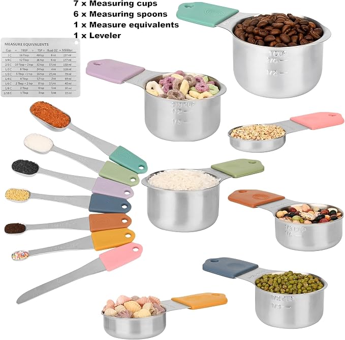 Magnetic Measuring Cups & Spoons Set 15, Stainless Steel Measuring Cups and Spoons Set, Color Heavy Duty Metal Measuring Cups&Spoons Set w/Leveler & Measure Equivalents for Cooking & Baking
