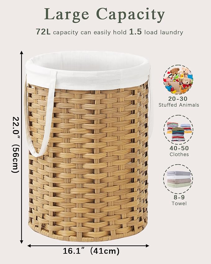 SETVSON Laundry Hamper Laundry Basket Round 19.0 Gal (72 L) Handwoven Rattan Hamper, Large Wicker Hamper Basket with Removable Liner Bag Handles 2 Mesh Bags for Bathroom Living Room Natural (No Lid)