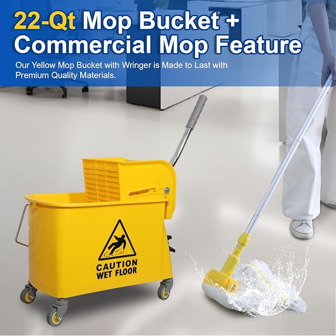 Midoneat Mop Bucket with Wringer, 22 Qt (5.5 Gallon), Wheels,Floor Cleaning | 16.5"L x 10.6"W x 26.4"H, Yellow ,Add One Cotton Mop