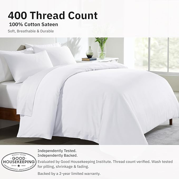 California Design Den 3 Pc White King Duvet Cover Set - Winner Good Housekeeping Best Bedding Awards 2025, 400 Thread Count Sateen, 100% Cotton Duvet Cover Set, Button Closure, Corner Ties - White