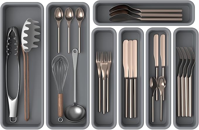 7 Pack Silicone Silverware Drawer Organizer, DIY Free Combination Kitchen Drawer Organizer, Utensil Organizer, Moisture-proof and Heat-resistant up to 200°C, Anti-slip Design (Grey)