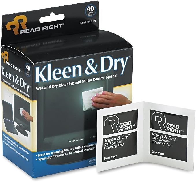 Read Right : Kleen & Dry Screen Cleaner Wet Wipes, Cloth, 5 x 5, 40 per Box -:- Sold as 2 Packs of - 40 - / - Total of 80 Each