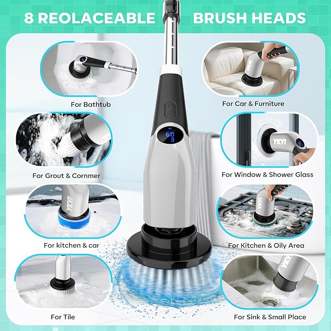 YKYI Electric Spin Scrubber, Cordless Cleaning Brush with 8 Replaceable Brush Heads, Power Scrubber with Adjustable Extension Handle for Bathroom, Tub, Tile, Floor and Kitchen Cleaning (Violet)