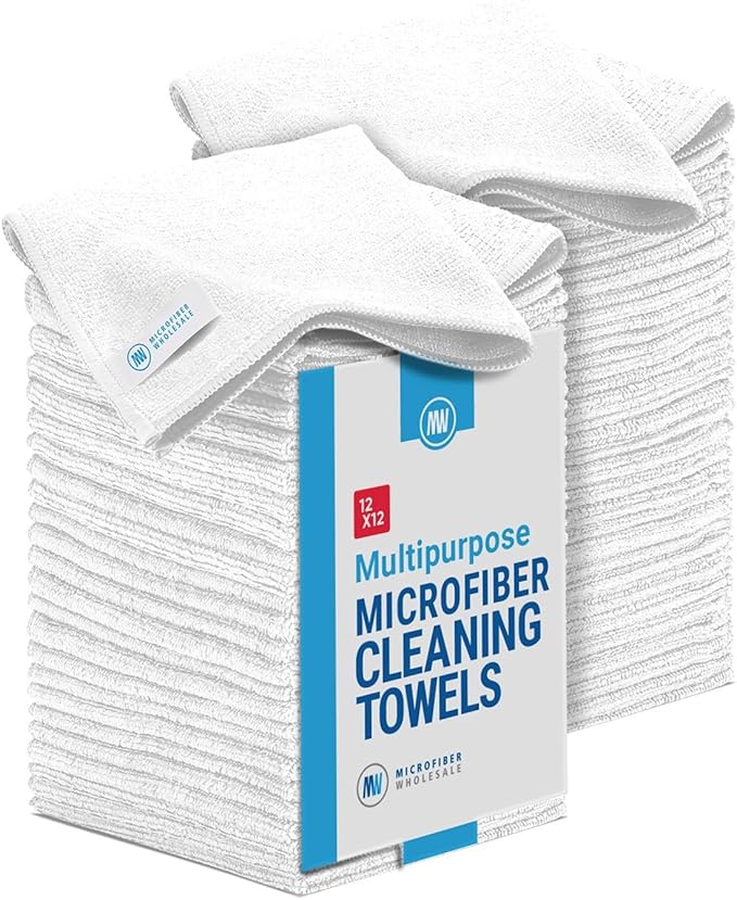 12" x 12" Microfiber Cleaning Cloths (50 Pack) - Reusable Towels, Wash Rags, Dust Cloth, All-Purpose: Kitchen, Dish, Cars, Shop, Glass (White)