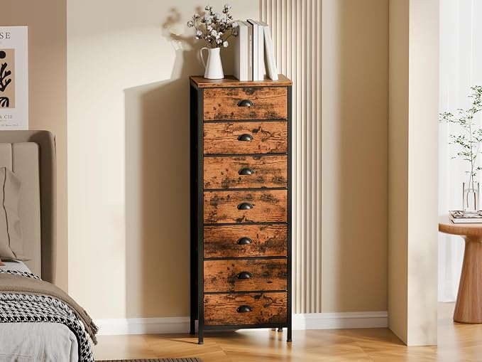 Furnulem Dresser for Bedroom, 7 Drawers Tall Chest of Drawers | Rustic Brown Storage Organizer, Fabric Bins, Metal Frame, Wood Desktop, Dorm Vertical Closet,Bedside Furniture in Living Room