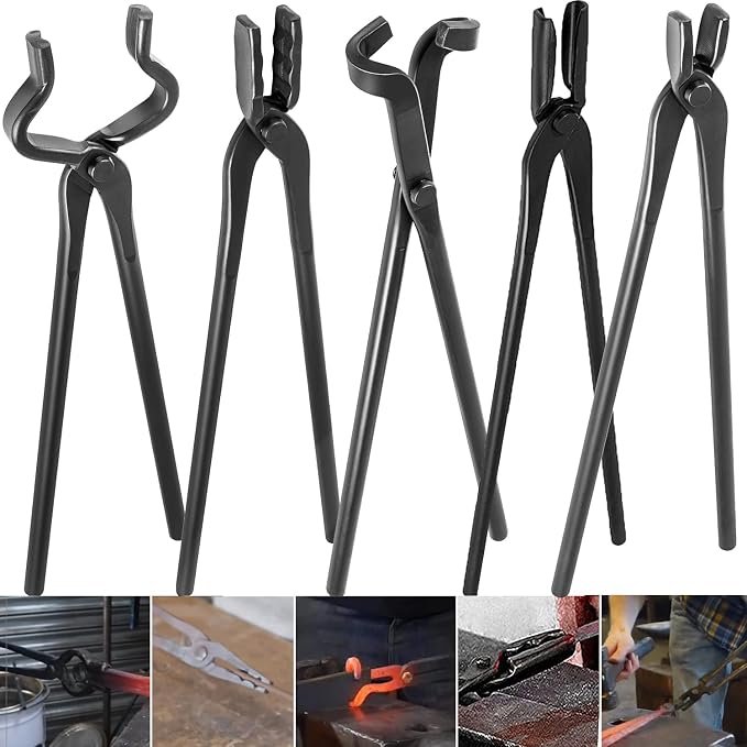 Blacksmith Tongs Tools Set Forging Tongs For Knife Making Tongs, Blacksmithing Forge Tongs Kit 5PCS - Flat Tongs & Square Jaw Tongs & Bolt Tongs & Blade Tongs & Wolf Jaw tongs Black Smith Supplies