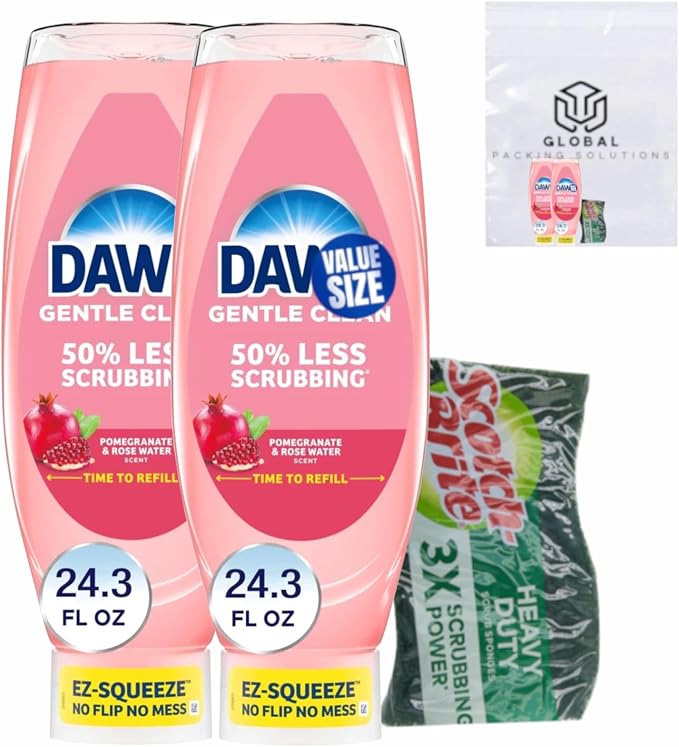 Dawn EZ Squeeze Gentle Clean Liquid Pomegranate & Rose Water Hand Dish Soap, 24.3 Fl Oz (Pack of 2) bundled with Heavy Duty Scotch Brite Sponge