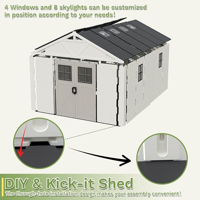 Greesum 10X14FT Plastic Outdoor Storage Shed with Floor and Lockable Door, Resin Sheds with 6-Windows and Multiple Skylights, HDPE Kick-it Shed for Garden, Patio, Backyard, Beige