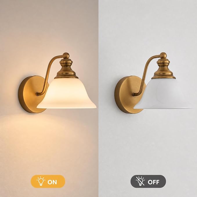 Brass Wall Sconce, 7.87" W x 7.87" H Vintage Gold Brushed Metal Wall Lighting, E26 Bulb Base, Farmhouse Wall Lamp for Hallway, Bedside, Corridor, Bedroom, Bathroom Vanity (Bulb Not Inclu