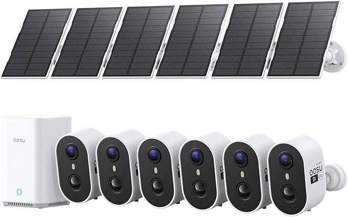 aosu Solar Security Cameras Wireless Outdoor Home System, True 2K HD, Cross-Camera Tracking, PIR + AI Human Detection, Color Night Vision, Local Storage, No Subscription Required, 6-Cam-Kit