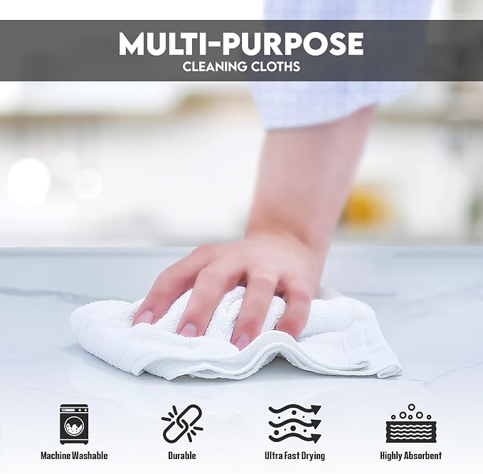 Terry Bar Mop Towels - 60 Pack (14"x17") White Cotton Terry Cloths, Super Absorbent Cleaning Rags, Reusable Bar Mop Towels for Kitchen, Garage, Salon, Spa & Commercial Use