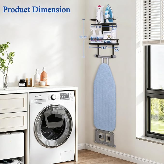 VINAEMO Ironing Board Hanger Wall Mount, 2-Layer Iron and Ironing Board Holder, Laundry Room Shelves Solid Wood with Removable Hooks Home Organization and Storage