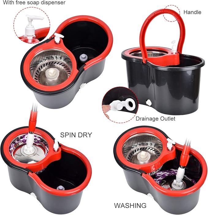 Spin Mop and Bucket with Wringer Set, 3 Mop Refills, 61" Stainless Handle | 360° Spinning Mop System with Stainless Steel Extended Handle & 3 Microfiber Refills for Floor Cleaning