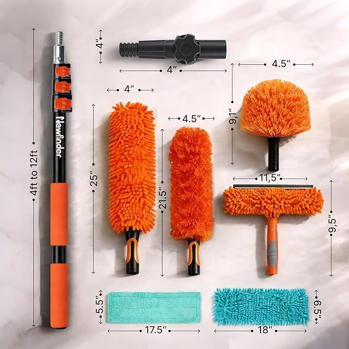 7-in-1 High Ceiling Duster Kit with 4-12ft Extension Pole, Ceiling Fan Duster, Cobweb Duster, Microfiber Duster, Window Cleaner & Squeegee, Wall Mop, 20ft Reach Duster with Extension Pole