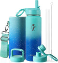 Coolflask Water Bottle 24 oz Insulated with Straw, Stainless Steel Metal 3 Lids Water Flask Wide Mouth for Sports or Office, Non-BPA Keep Cold Up to 48 Hrs or Hot Up to 24 Hrs, Glacier Blue
