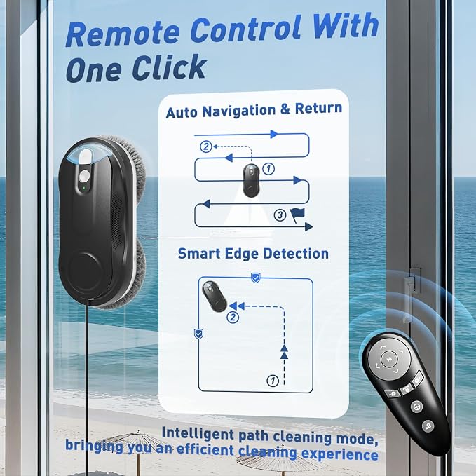 KKI Window Cleaning Robot, Automatic Window Cleaner Robot, Dual Spray, Max 3200Pa, AI Path Planning & Edge Detection, Remote Control for High-Rise Windows, Indoor/Outside,8Cloths