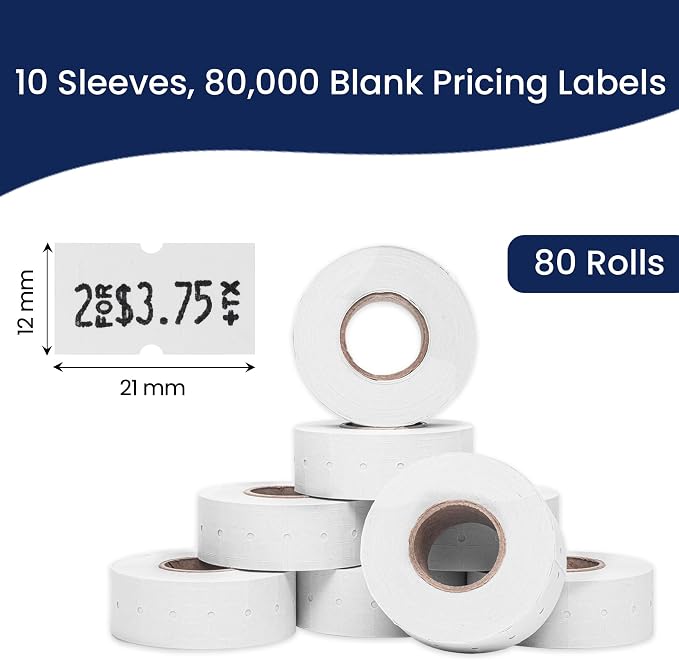 Perco 1 Line White Labels - 80,000 Blank Price and Date Gun Labels for Perco Lite, X, Plus and Pro 1 Line Price and Date Guns- 80 Rolls, 10 Sleeves - Made in USA