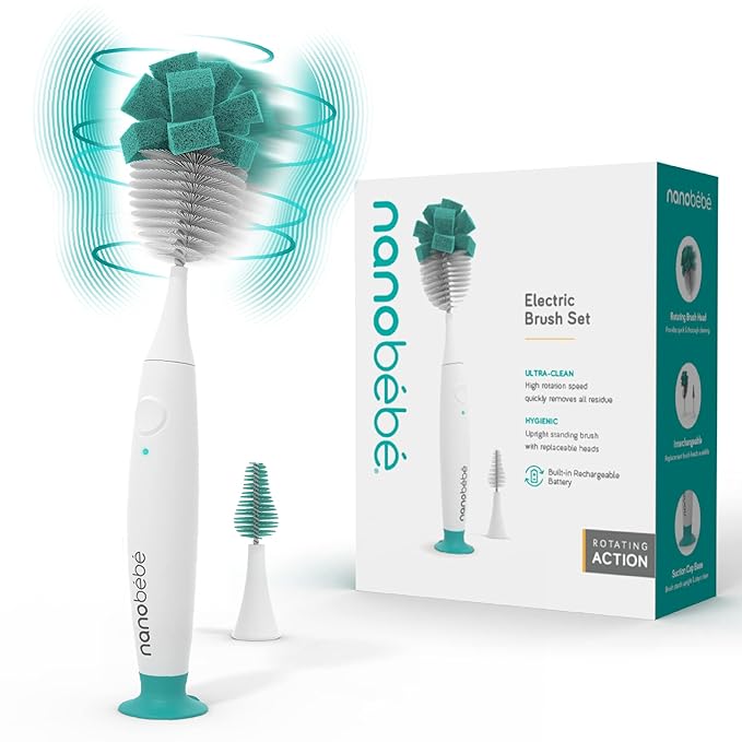 Nanobebe Electric Bottle Brush Cleaner – Baby Bottle Brush Electric Scrubber for Cleaning Brush for Baby Bottles - Rechargeable, Includes Replaceable Brush Head
