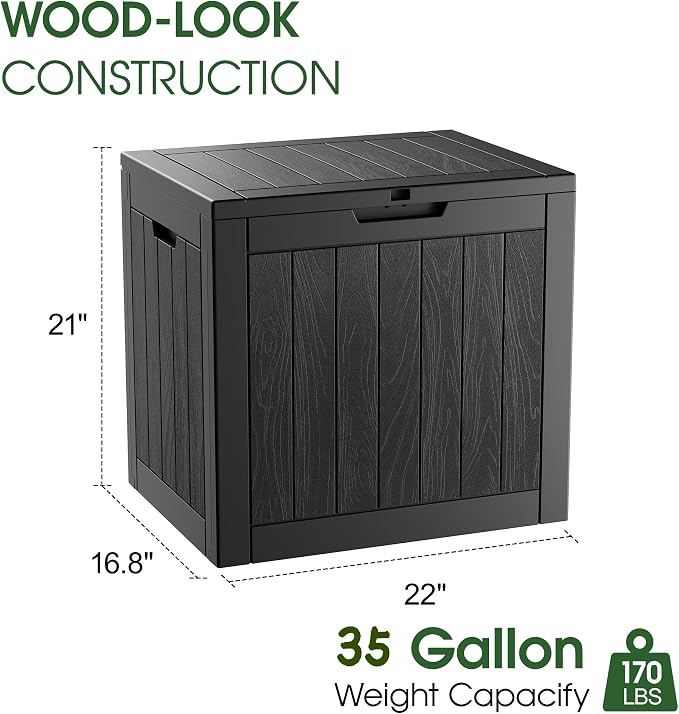 Deck Box, 35 Gallon Resin Indoor and Outdoor Storage Boxes Waterproof for Garden Tools, Patio Accessories Storage Bench, Patio Furniture and Cushions with Lockable Lid, Black