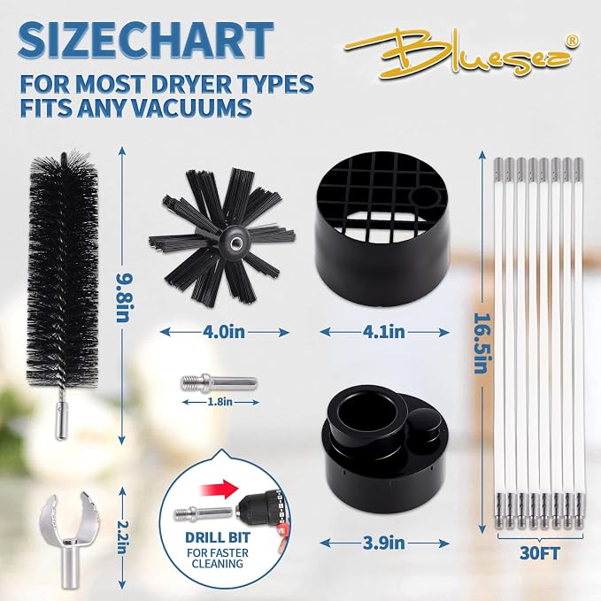 Bluesea 7 Pieces 30 Feet Dryer Vent Cleaner Kit, Reinforced Nylon Dryer Vent Cleaning Kit, Durable Dryer Vent Brush Vacuum Attachment with Flexible Lint Trap Brush, Vacuum & Dryer Adapters
