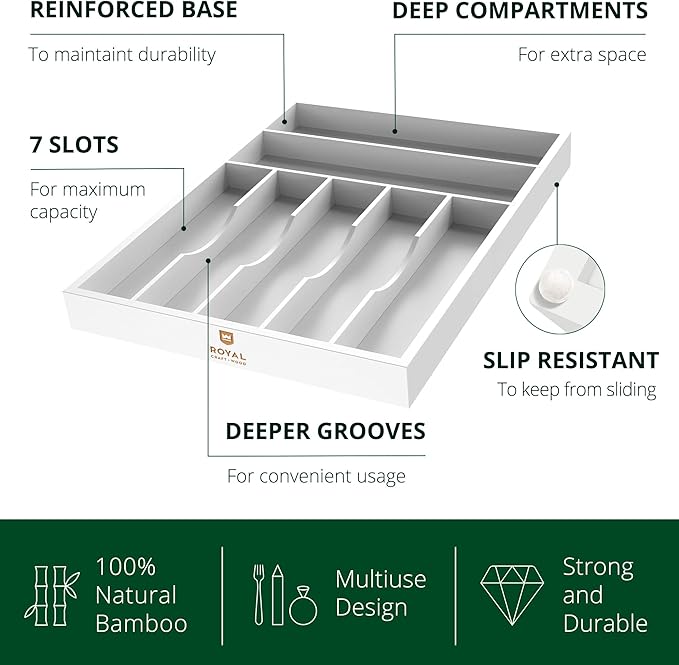 Luxury Bamboo Kitchen Drawer Organizer - Silverware Organizer - Utensil Holder and Cutlery Tray with Grooved Drawer Dividers for Flatware and Kitchen Utensils (7 Slot, White)
