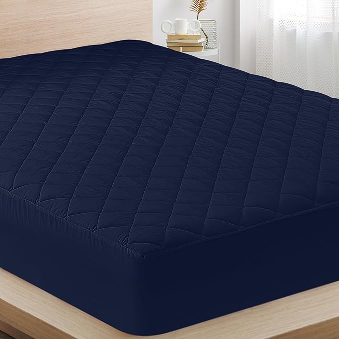 Quilted Fitted Mattress Pad, King Mattress Protector Topper with Deep Pocket Stretches up to 16 Inches, Machine Washable Mattress Cover by Utopia Bedding (Navy)