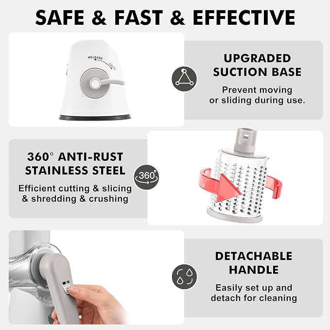 GDL Cheese Grater Hand Crank - Upgraded 6-in-1 Cheese Grater with Handle and Strong Suction Base, Multi-purpose Cheese Shredder Vegetable Slicer Ice Shaver for Potato, Vegetables, Nuts, Chocolate