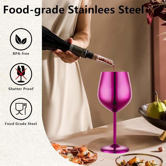 UNISWEET Unbreakable Stainless Steel Wine Glasses Set of 4, Purple | 17oz Unique Fancy Metal Wine Goblets, Shatterproof, Ideal for Outdoor, Camping, Travel, Pool, Great Gift for Wine Lovers