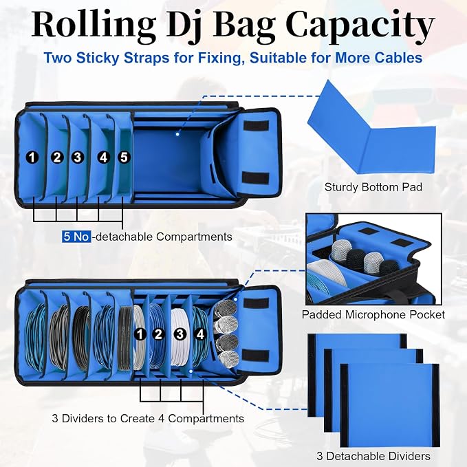 Rolling Dj Cable Bag with Laptop and Microphone Pocket, Dj Bag for Equipment and Music Accessories with Detachable Dividers, Bottom Pad, Dj Gig Bags for Musicians, Professional, Travel, Blue