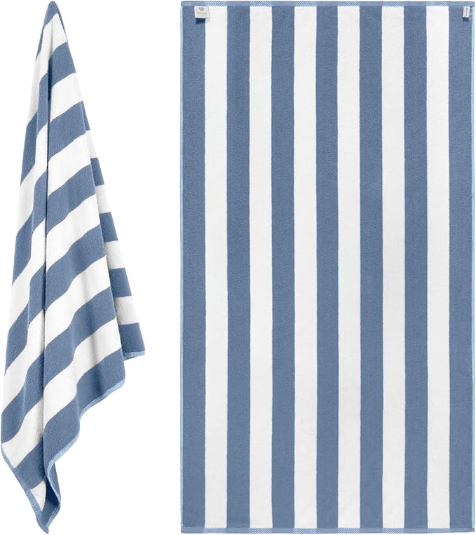 White Classic Beach Towels Oversized Cabana Stripe Cotton Bath Towel Large - Luxury Plush Thick Hotel Swim Pool Towels for Adults Super Absorbent Quick Dry - 35x70 Light Blue [2 Pack]