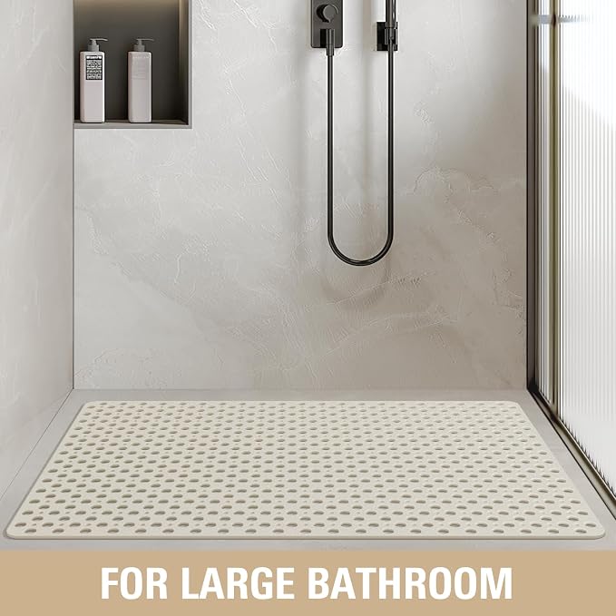OTHWAY Large Shower Mat, 47"x 32" TPE Anti Slip Shower Mat, Heavy Bath Mats for Shower with Drain Holes Suction Cups, Shower Stall Mat for Bathroom, No Odor Shower Grip Mat for Elderly (W-White)