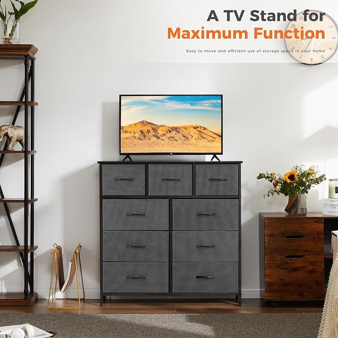 Sweetcrispy 9 Drawer Fabric Dresser Tall Chest Storage Organizer Tower | Cabinet Metal Frame and Wood Top Lightweight Closet Furniture for Bedroom, Charcoal Grey